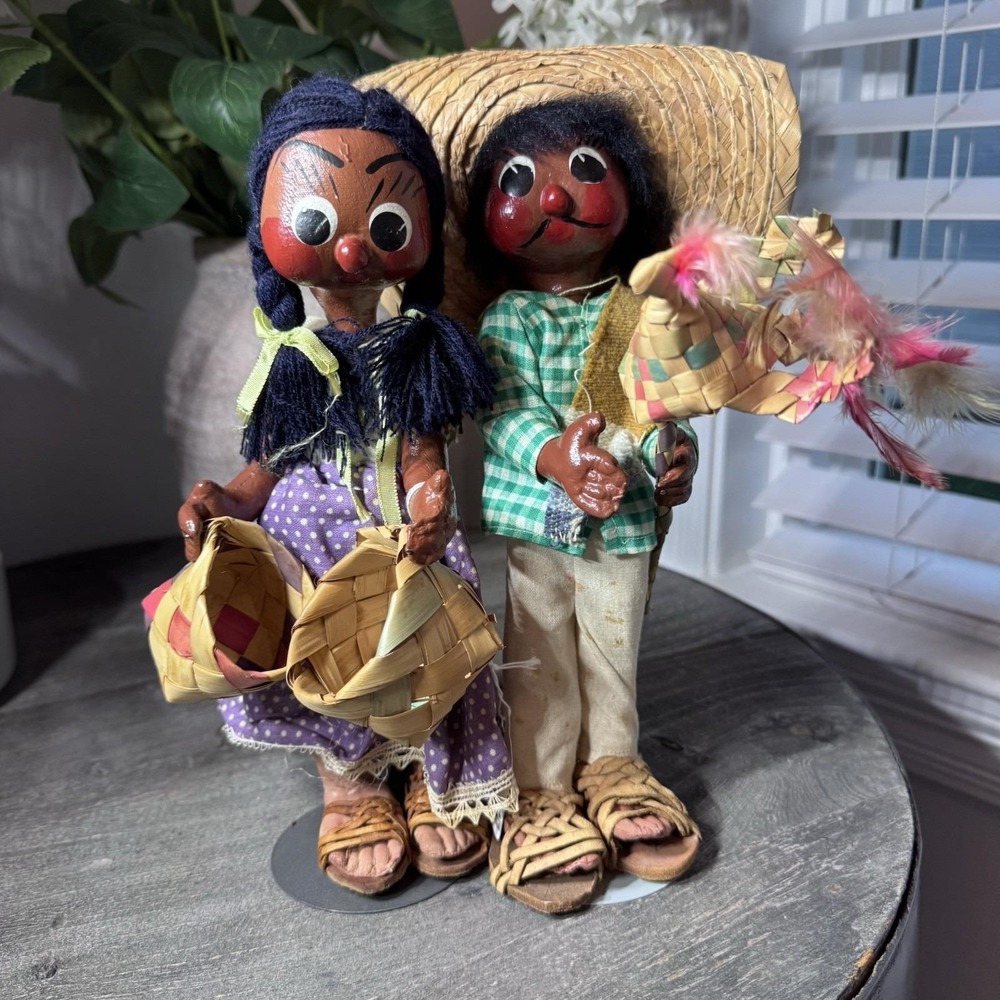 VTG Mexican Folk Art Cloth Dolls Pair Hand Painted Man Woman Handmade Straw Hat
